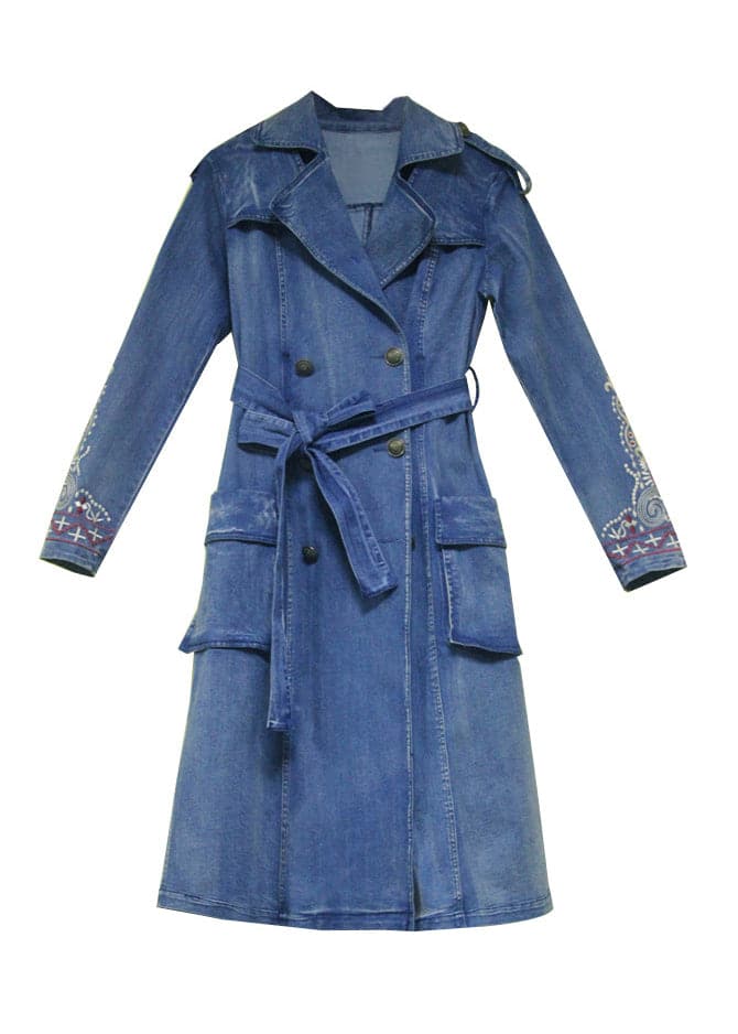 Simple Blue Peter Pan Collar Pockets Embroideried double breast Sashes Cotton Denim trench coats Spring NZ-TCT220304