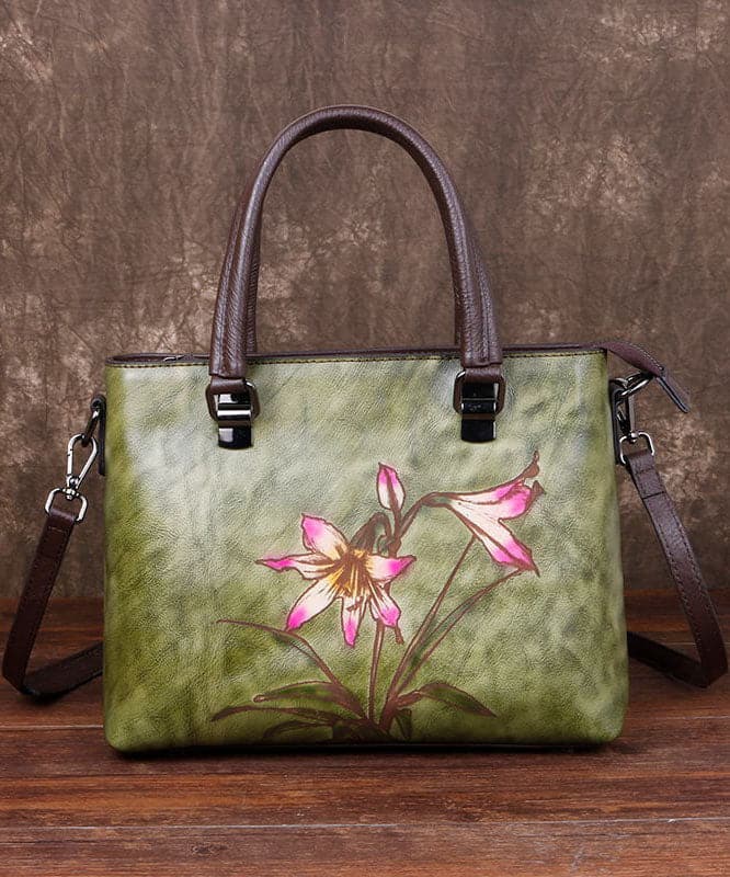 Simple Green Floral Paitings Calf Leather Tote Handbag BGS211230