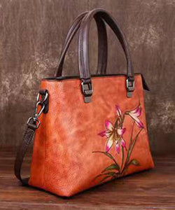 Simple Green Floral Paitings Calf Leather Tote Handbag BGS211230