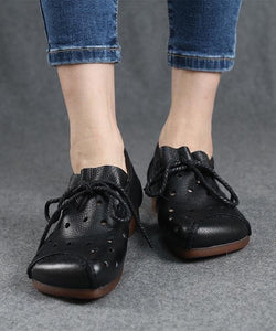 Simple Lace Up Flat Feet Shoes Black Cowhide Leather Hollow Out Penny Loafers XZ-PDX210622