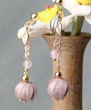 Simple Pink Coloured glaze Leaf Metal Drop Earrings Jew-EAR220805