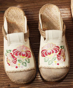 Simple Splicing Flat Shoes Beige Embroideried Cotton Linen Fabric LT210630