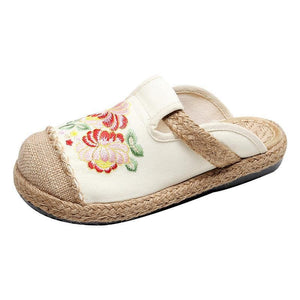Simple Splicing Flat Shoes Beige Embroideried Cotton Linen Fabric LT210630