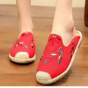 Simple Splicing Red Cotton Fabric Embroideried Slippers Shoes LT210706