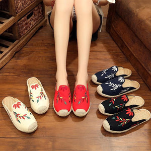 Simple Splicing Red Cotton Fabric Embroideried Slippers Shoes LT210706