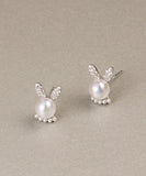 Simple White Cute Rabbit Zircon And Pearl Stud Earrings Jew-EAR220805