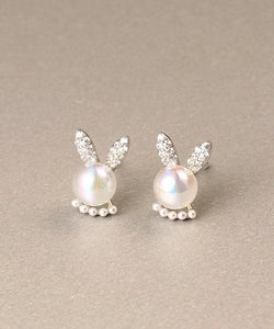 Simple White Cute Rabbit Zircon And Pearl Stud Earrings Jew-EAR220805