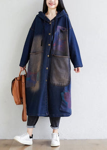 Simple dark Blue drawstring Hooded Pockets Print denim trench Coats Spring YSBS-TCT220121