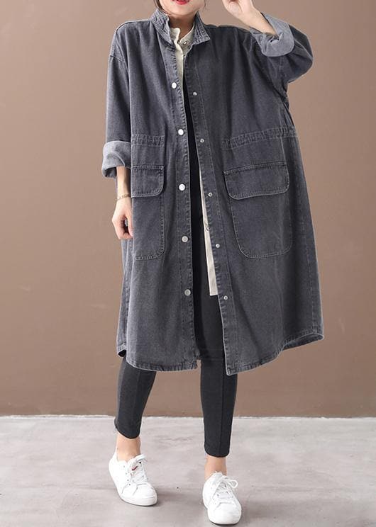 Simple stand collar drawstring Fashion tunic coat denim black Midi women coats WG-TCT191018