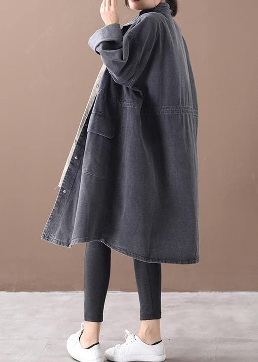 Simple stand collar drawstring Fashion tunic coat denim black Midi women coats WG-TCT191018