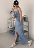 Slim Fit Blue Slash Neck Button Pockets Backless Denim Dress Sleeveless HS-SDL220407