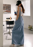 Slim Fit Blue Slash Neck Button Pockets Backless Denim Dress Sleeveless HS-SDL220407