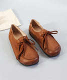 Soft Flat Shoes Brown Cowhide Leather Loafers For Women PDX210617