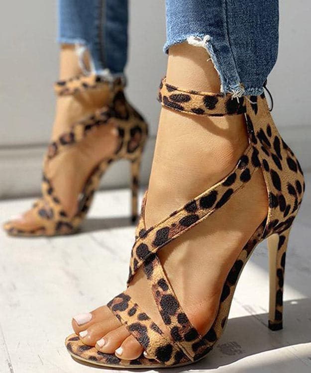 Soft Leopard Print Cross Strap zippered Stiletto Sandals Velour Fabric GW-GGX22061501