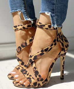 Soft Leopard Print Cross Strap zippered Stiletto Sandals Velour Fabric GW-GGX22061501