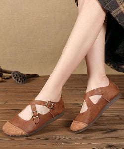 Splicing Brown Flat Feet Shoes Buckle Strap Flats PDX210706