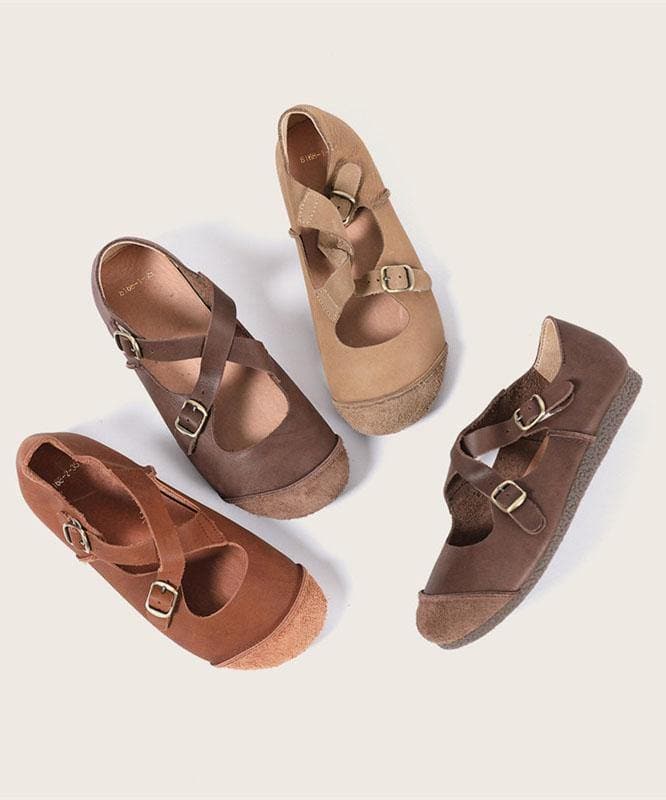 Splicing Brown Flat Feet Shoes Buckle Strap Flats PDX210706