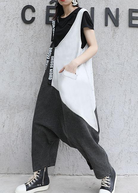 Strap  retro black gray patchwork overalls casual pants jeans women dylinoshop