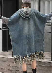Streetwear Blue Hooded Patchwork Tasseled Denim Dress Batwing Sleeve JDML-FDM220330