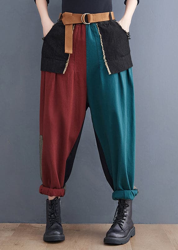 Streetwear Colorblock Pockets Patchwork Cotton Denim Harm Pants Summer YLHC-LPTS220411