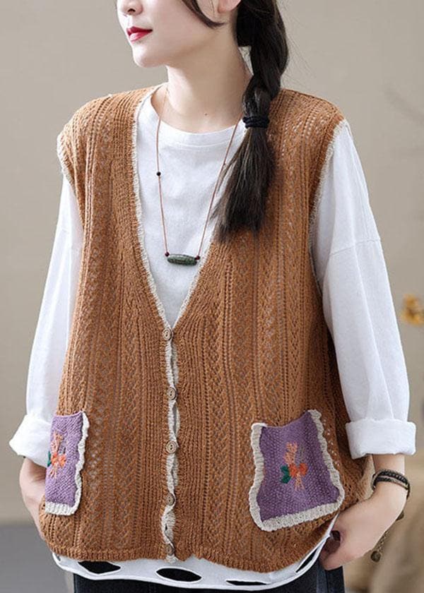 Style Khaki Embroideried Pockets Floral Fall Shirt Knit Vest Sleeveless GK-VTP210810
