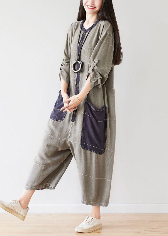 Style O-Neck Grey Pockets Patchwork Jumpsuits Spring dylinoshop