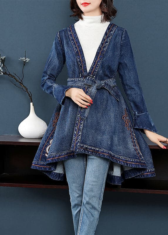Stylish Blue V Neck Embroideried Tie Waist Cotton Denim Trench Coats Long Sleeve NZ-TCT220606