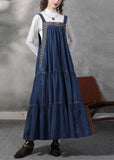 Stylish Blue wrinkled Embroideried Spaghetti Strap Cotton Denim Dresses Spring NZ-FDL220304