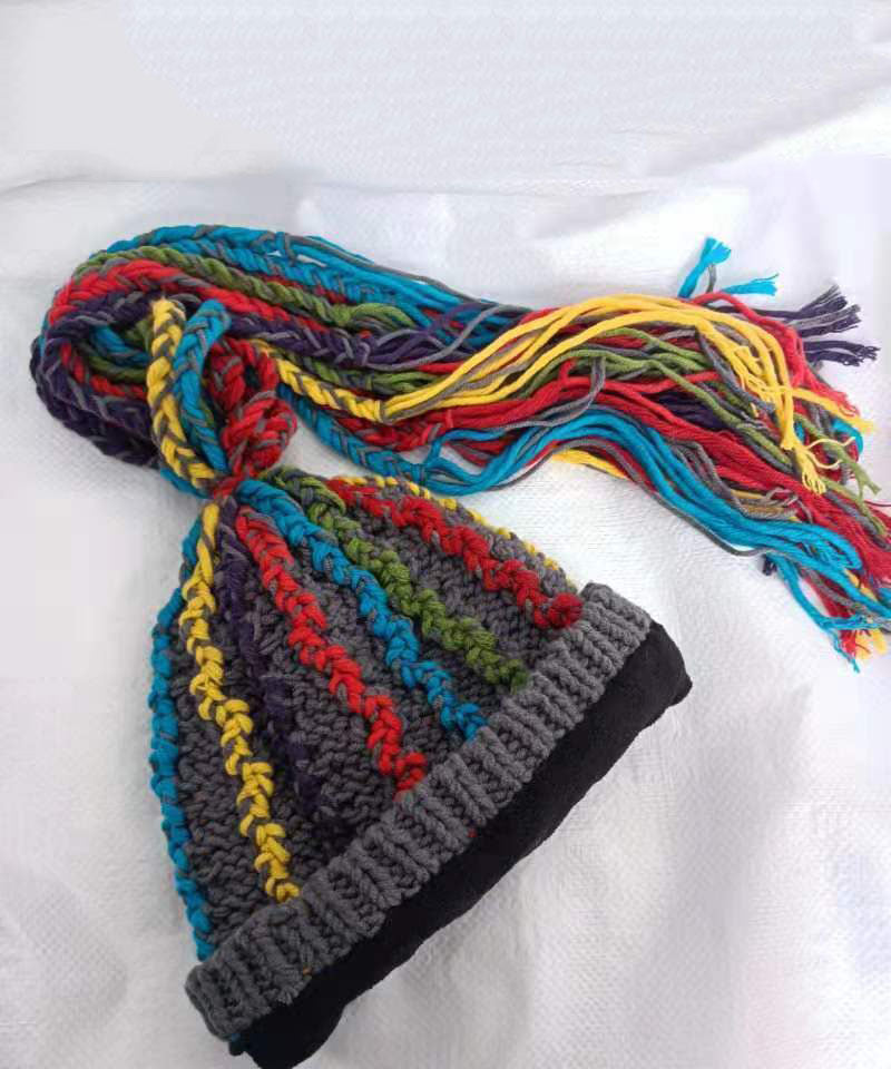 Stylish Grey Striped Tassel Warm Fleece Knit Bonnie Hat dylinoshop