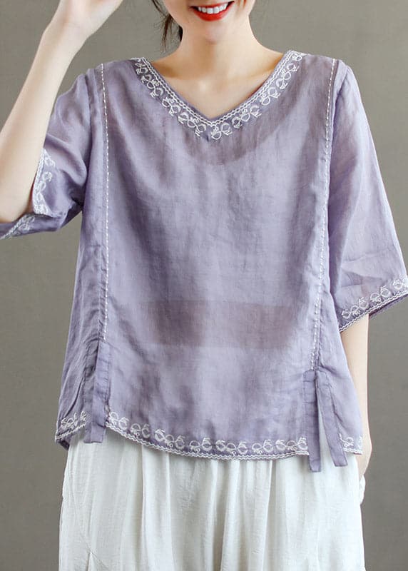 Stylish Purple V Neck Embroideried Floral Linen T Shirt Half Sleeve gk-HTP220722