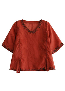 Stylish Purple V Neck Embroideried Floral Linen T Shirt Half Sleeve gk-HTP220722