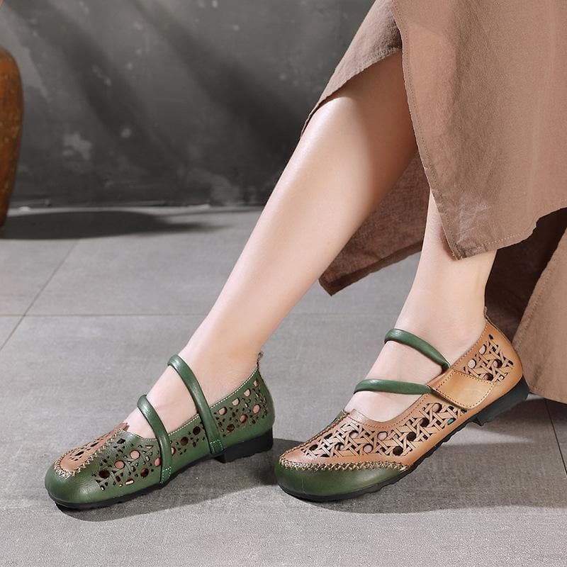 Stylish Splicing Loafers Green Genuine Leather Flat Sandals PDX210617