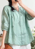Stylish Orange V Neck Embroideried Summer Ramie Shirts Half Sleeve GK-HTP210720