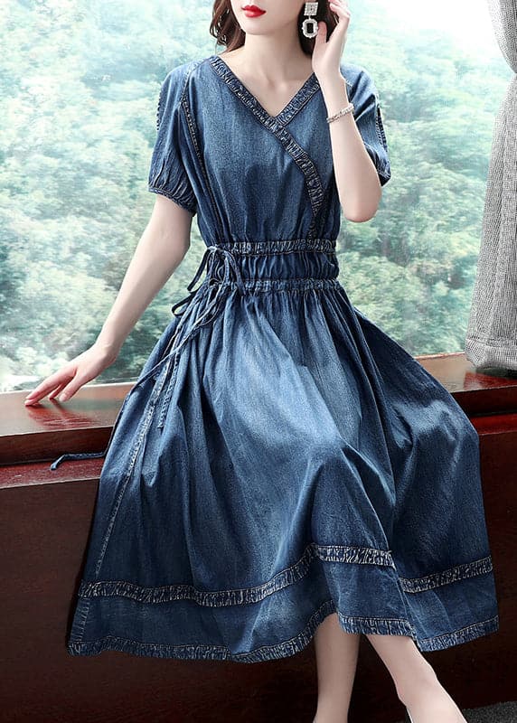 2022 Blue Cinched V Neck Cotton Denim Dress Short Sleeve dylinoshop