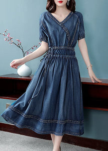 2022 Blue Cinched V Neck Cotton Denim Dress Short Sleeve dylinoshop