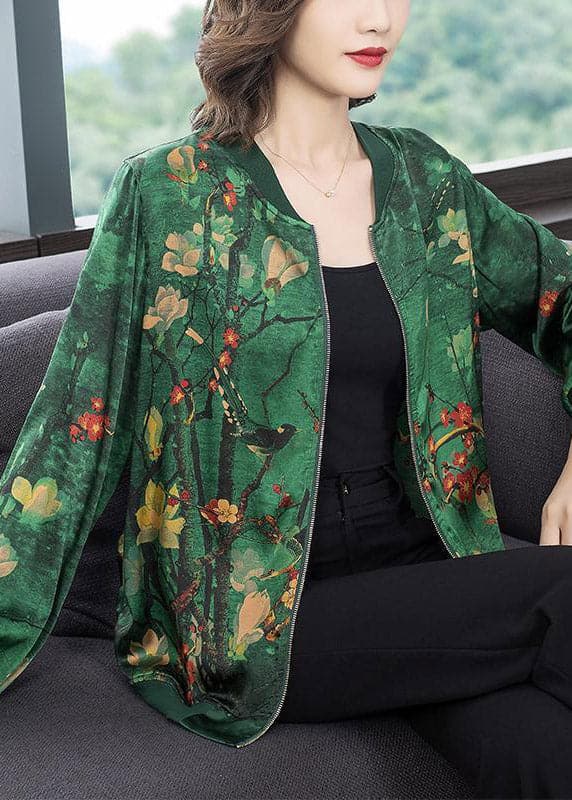 2022 Green O-Neck Print Zip Up Silk Coats Long Sleeve dylinoshop