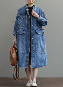 Unique Blue Pockets Button Loose Fall Denim Long sleeve Coats trench coats BSLCT-CTS211009