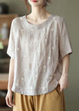 Unique White O-Neck Embroideried Summer Ramie Shirt Half Sleeve GK-HTP210720