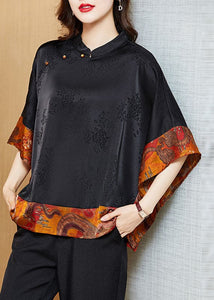 Vintage Black Mandarin Collar Asymmetrical Patchwork Jacquard Silk Shirts Batwing Sleeve ZS-HTP220609