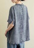 Vintage Blue Grey Denim Plaid Patchwork Summer Tops Short Sleeve GK-STP210810