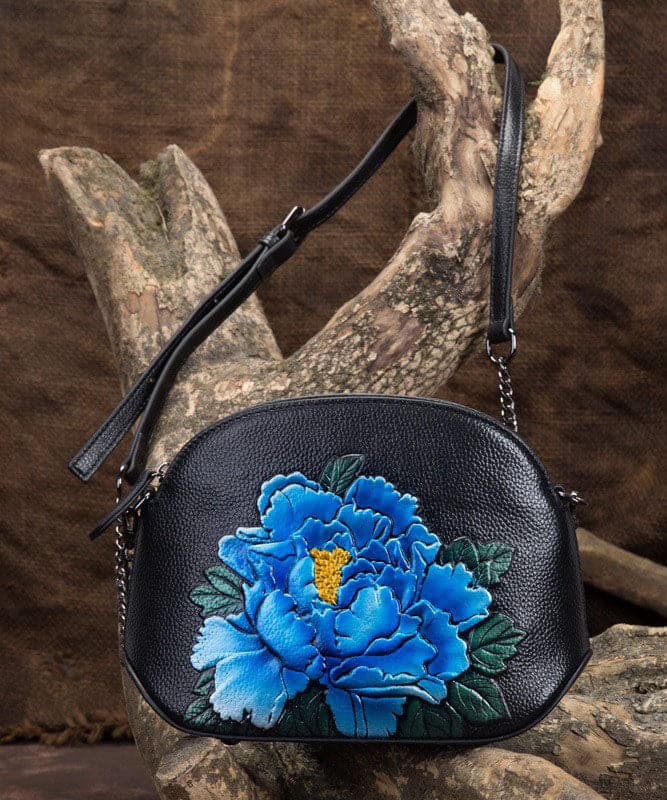 Vintage Blue Peony Embossing Calf Leather Satchel Bag Handbag ZP-BGS220816