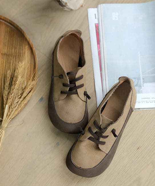 Vintage Cross Strap Flat Feet Shoes Apricot Cowhide Leather SHOE-PDX220328