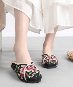 Vintage Green Linen Fabric Embroideried Comfy Slide Sandals SHOE-LT220328