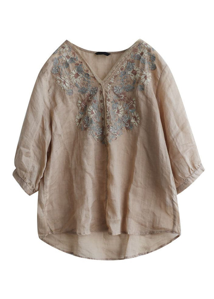 Vintage Khaki Embroideried Lace Patchwork Linen Shirt Top Half Sleeve GK-HTP220509