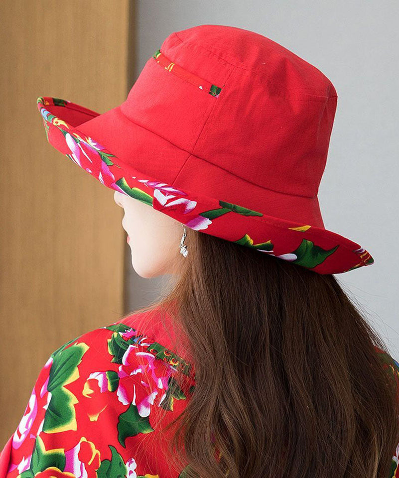 Vintage Red Print Linen Contton Floppy Sun Hat dylinoshop