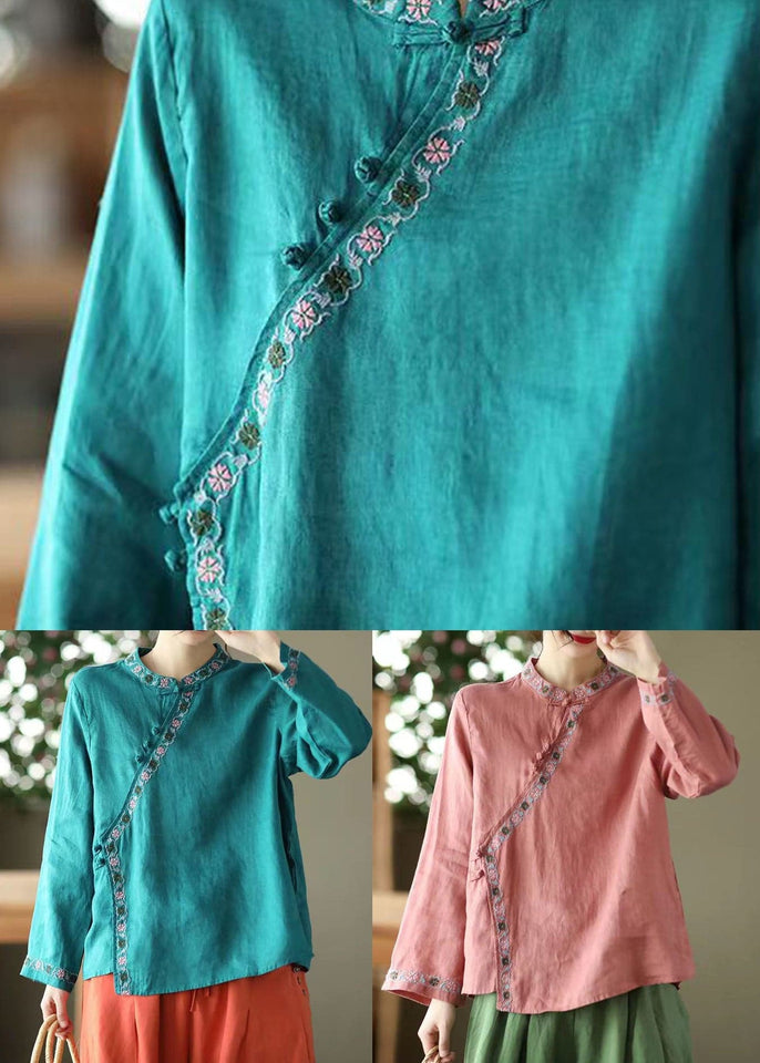 Vintage Red Stand Collar Embroideried Linen Shirt Top Long Sleeve GK-LTP220418