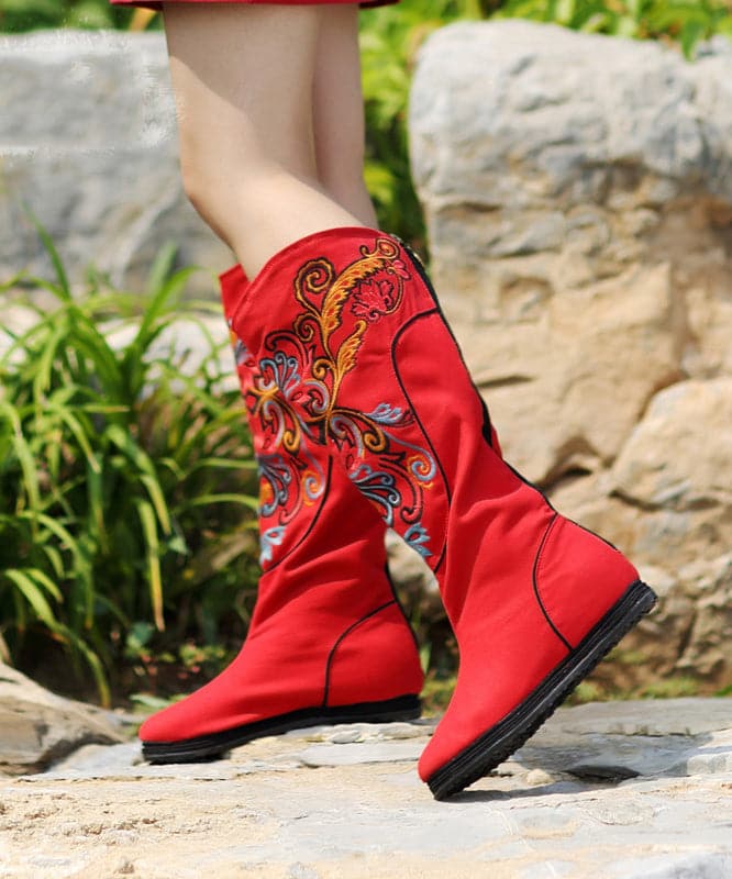 Vintage Red Wedge Boots Embroideried Comfy Cotton Fabric zippered Splicing Boots BX-XZ220407