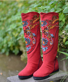 Vintage Red Wedge Boots Embroideried Comfy Cotton Fabric zippered Splicing Boots BX-XZ220407