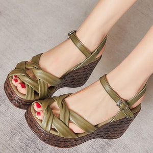 Weave Open Toe Leather Wedges Sandals Women's Casual Shoes GCSK26 Touchy Style