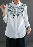 White Cotton Shirt Top Embroideried Oversized Long Sleeve GK-LTP220815